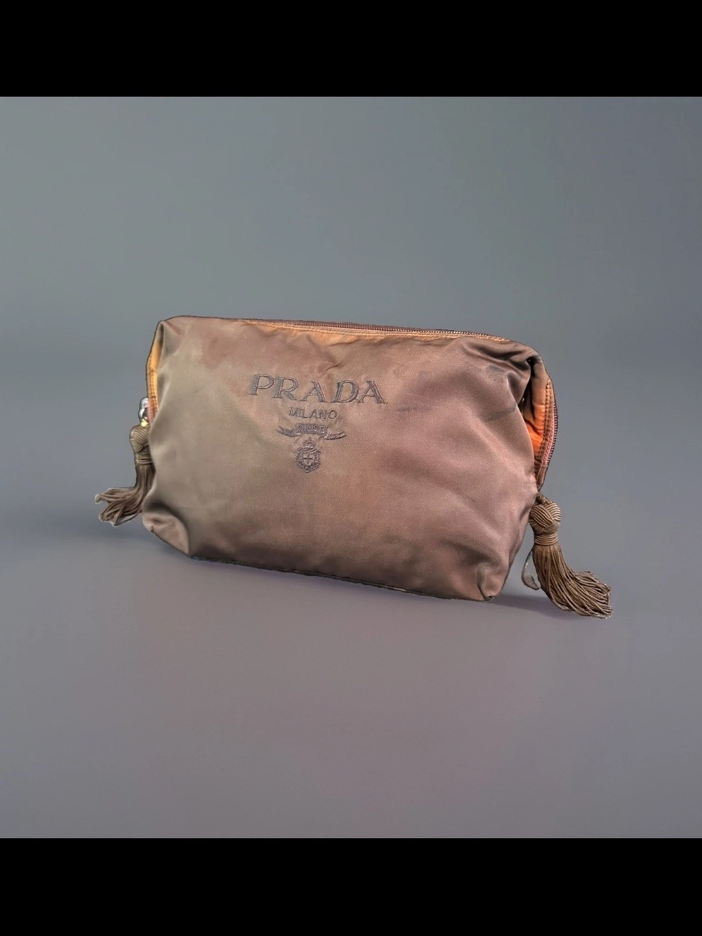Prada Brown Nylon Cosmetic Pouch with Tassels